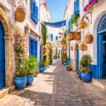 Smala gator och vitblå arkitektur i Medina Essaouira – blomstrande krukor och blå dörrar skapar en livfull atmosfär i den historiska stadskärnan.