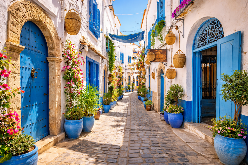 Smala gator och vitblå arkitektur i Medina Essaouira – blomstrande krukor och blå dörrar skapar en livfull atmosfär i den historiska stadskärnan.